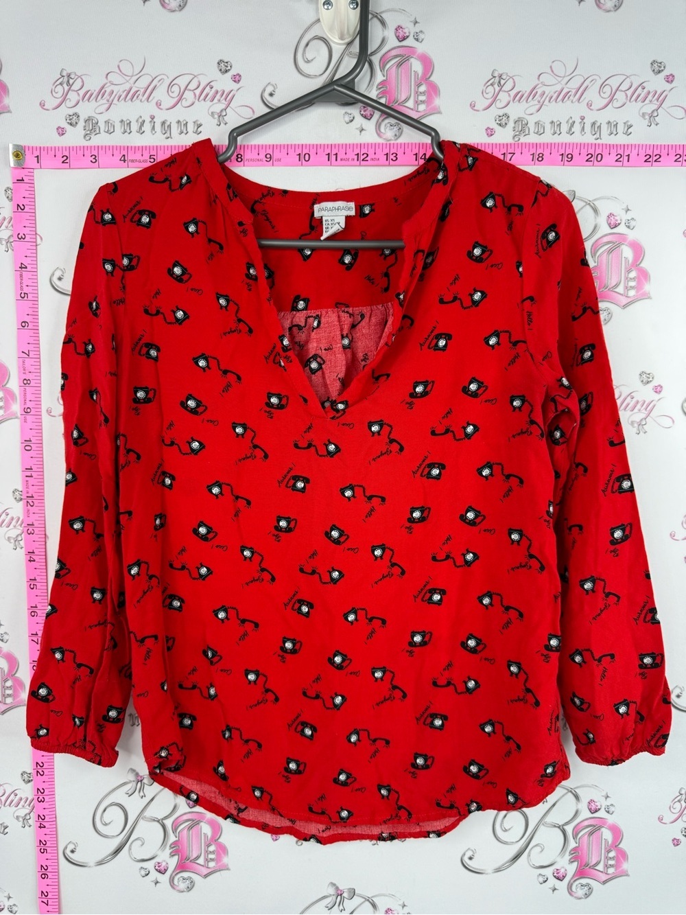 Paraphrase top blouse phones retro phone Red V-Neck Printed Blouse